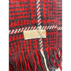 Vintage 1950s Pendleton Throw Blanket w/ Fringe Tassels Red Grey Ivory Plaid USA